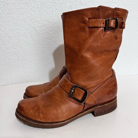 Frye Shoes - Frye Veronica Whiskey Short Mid Calf Belted Leather Moto Boots 7
